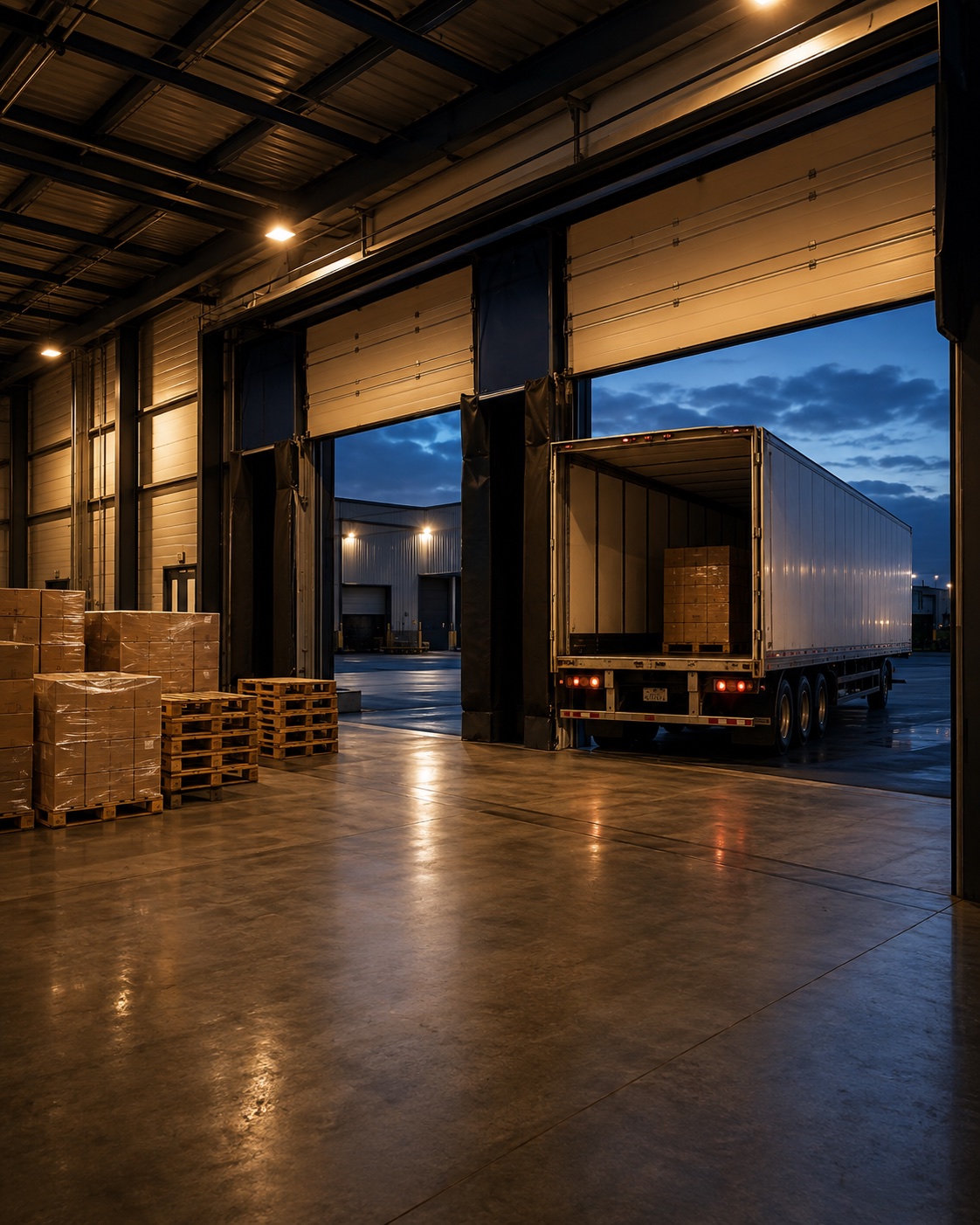 Loading dock at dusk with a trailer backed up to the bay and pallets staged nearby