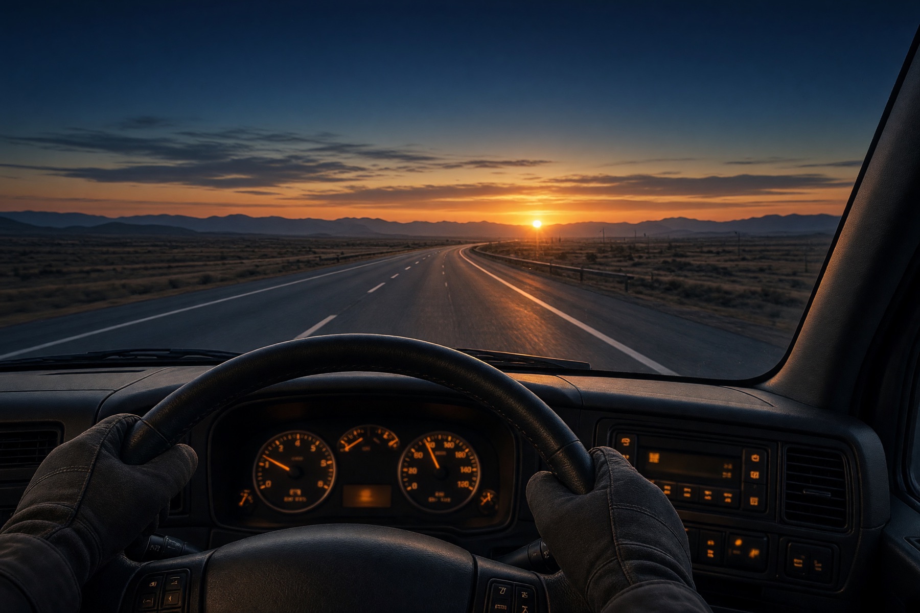 Driver's-eye view from inside a truck cab, looking down an open highway at sunset