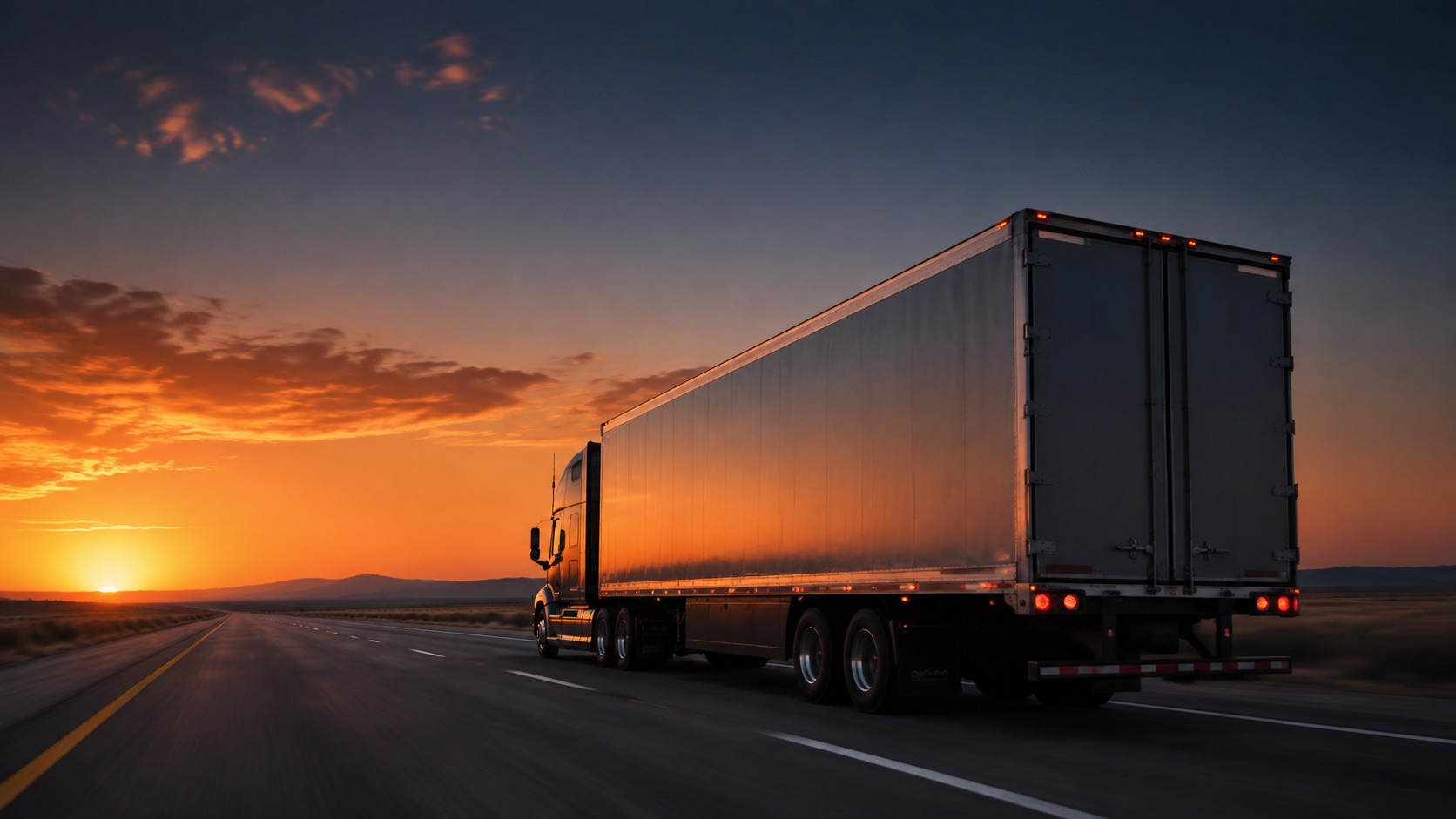 Semi-truck driving down an open highway at sunset